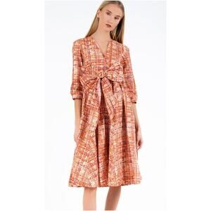 NEW Max&Co DIONISIO SS20 A-Line Dress Orange Red Check Tie Waist Womens XS